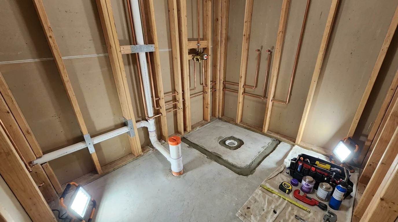 Bathroom rough-in plumbing during remodel by Johns Plumbing LLC in Saugerties