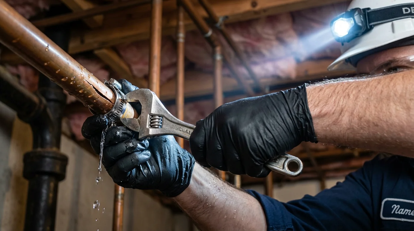 Emergency pipe clamp repair being performed by a Johns Plumbing LLC plumber in Saugerties